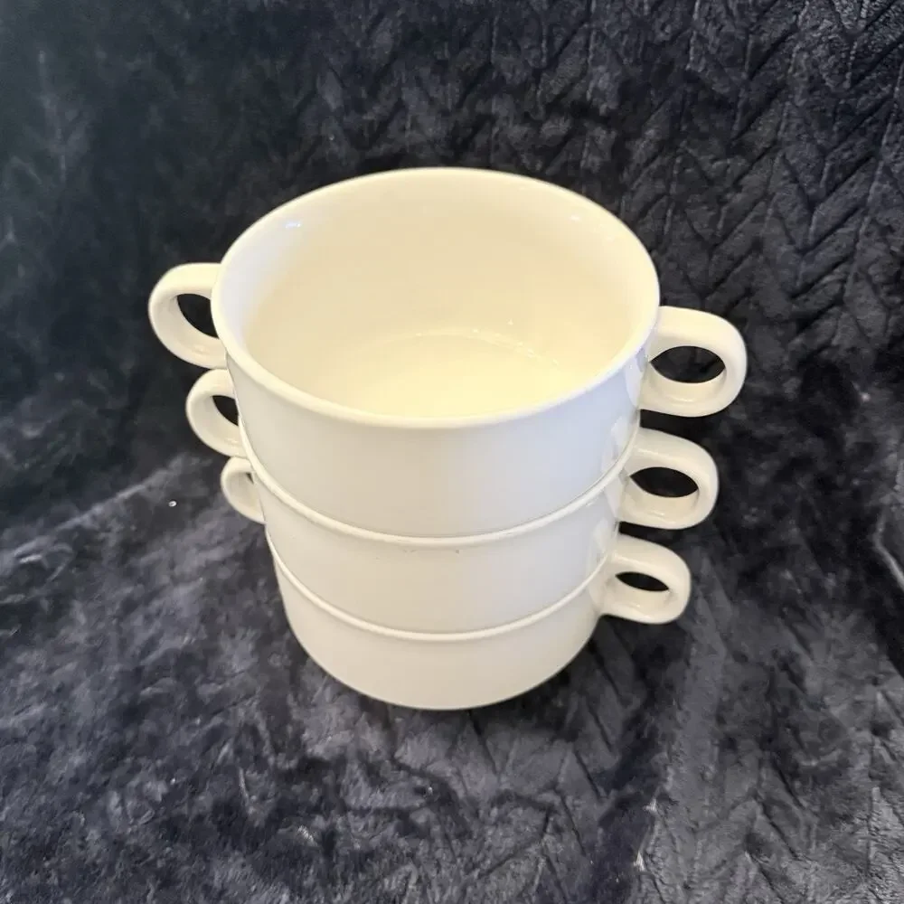 Tognana Italy White Porcelain Soup Bowls Double Handled Stackable Set of 3